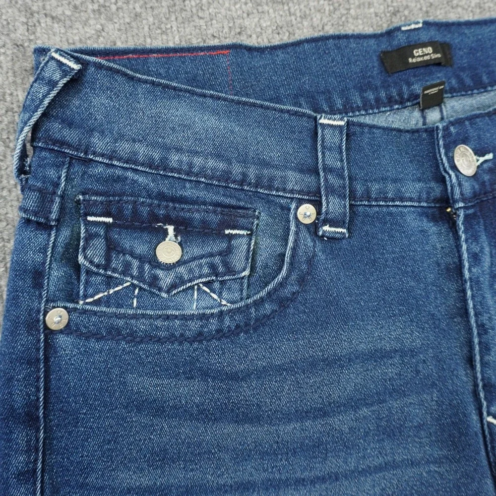 NEW True‎ Religion Geno Relaxed Slim Jeans Mens 36x32 Blue Big T Flap Pocket